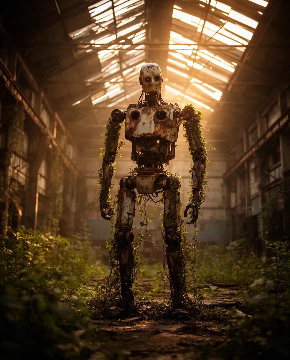 Rusted robot among overgrown factory ruins