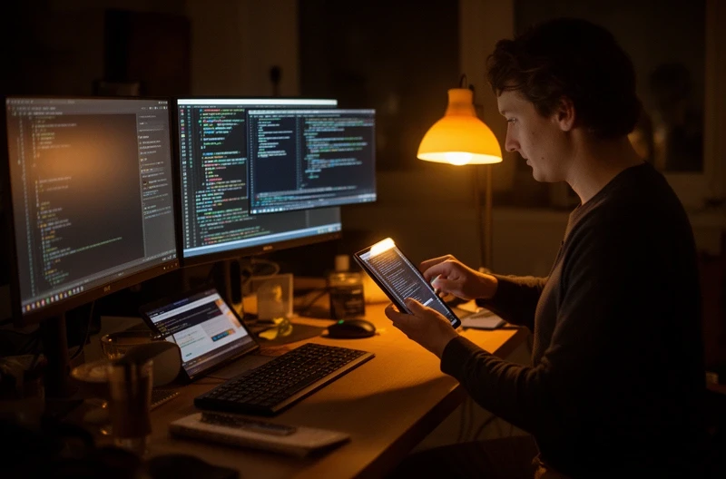 Team member testing game on multiple devices