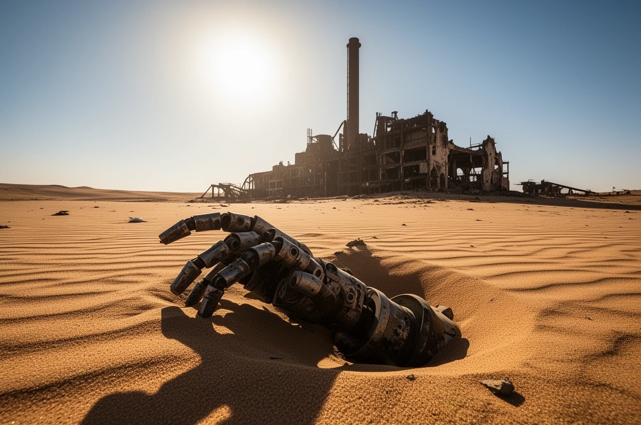 Concept art of half-buried robot arm in desert sand