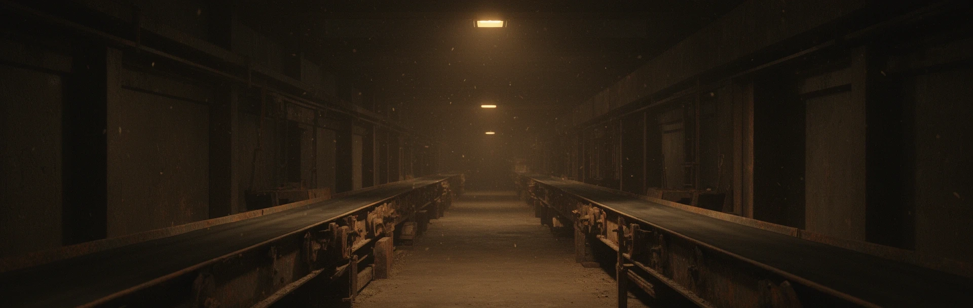 Dark factory corridor with rusted machinery